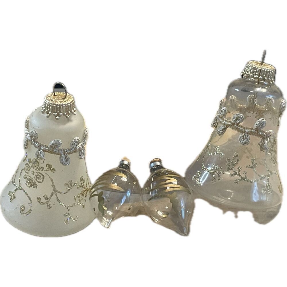 Krebs Set of‎ 4 Christmas Hanging Ornaments Bell Teardrop Clear White Glitter